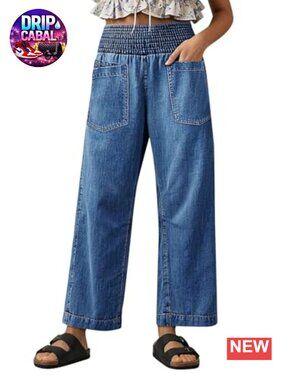 Womens High Rise Wide Leg Pull On Jeans Cotton Blend Stretchy Casual Denim Pants